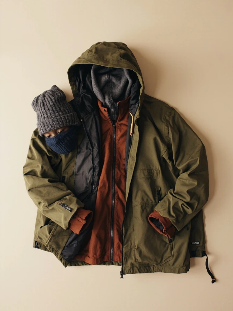 A winter kit arranged on a bone-colored surface: fleece, parka, base layers, beanie, and gloves in muted greens and charcoals.
