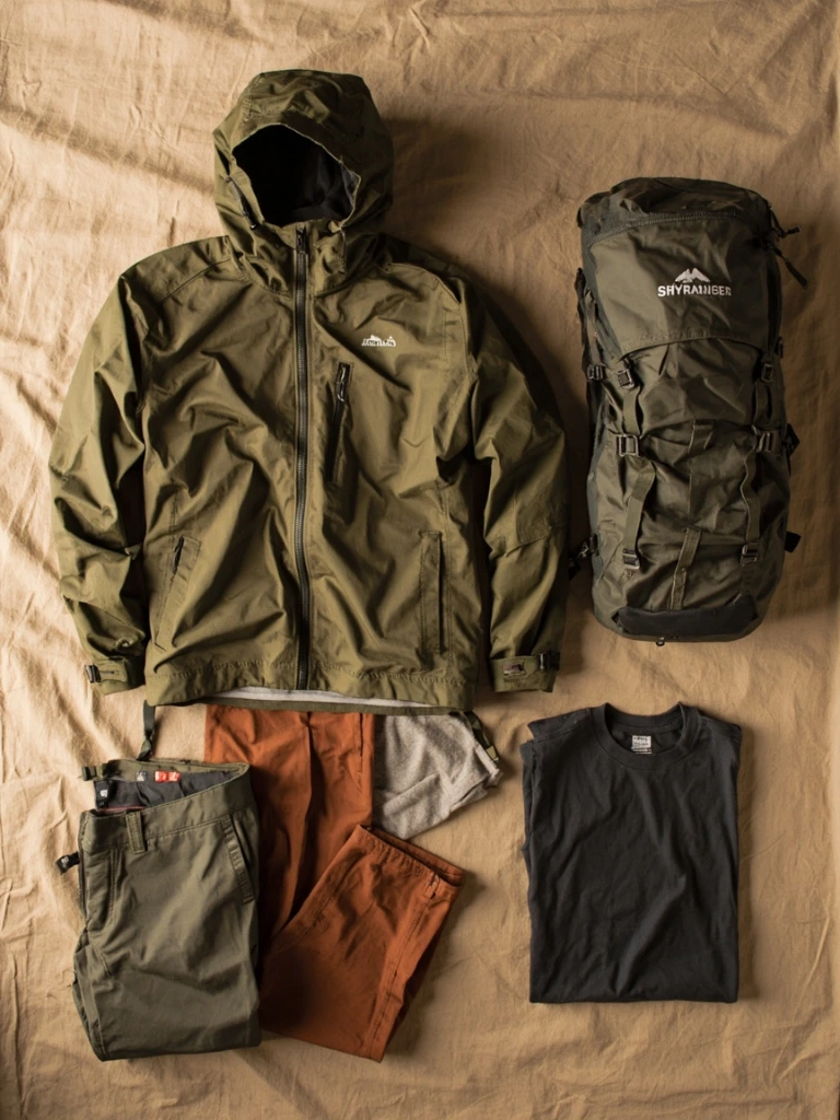 A shoulder-season hiking kit: softshell jacket, rain shell, trousers, daypack, and tee in sage and taupe.