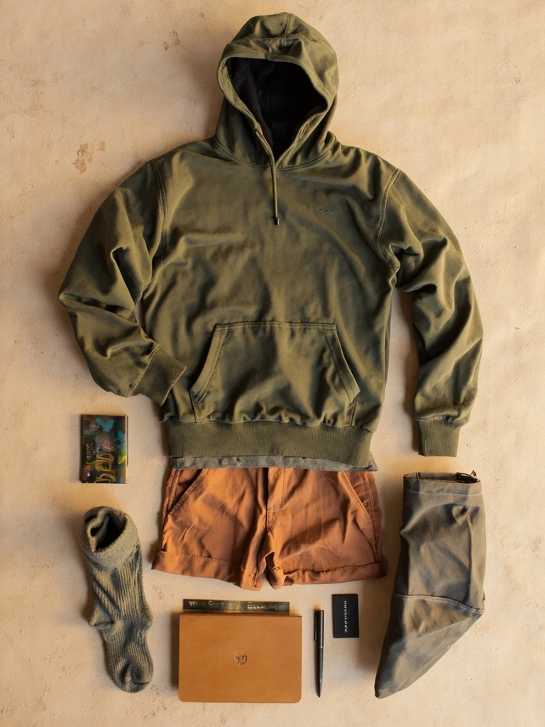 A summer hiking kit: sun hoodie, shorts, overshirt, socks, and a small field notebook in sage and taupe.